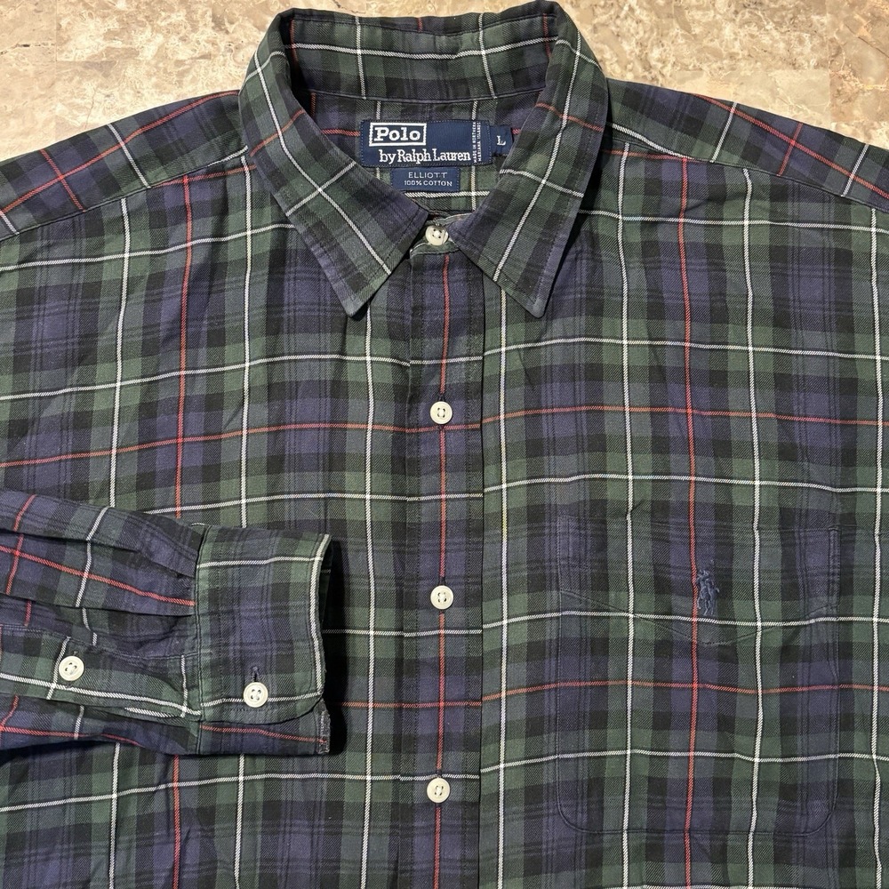 Polo Ralph Lauren Shirt Mens Large Green Tartan Blackwatch Plaid Elliott Starchy